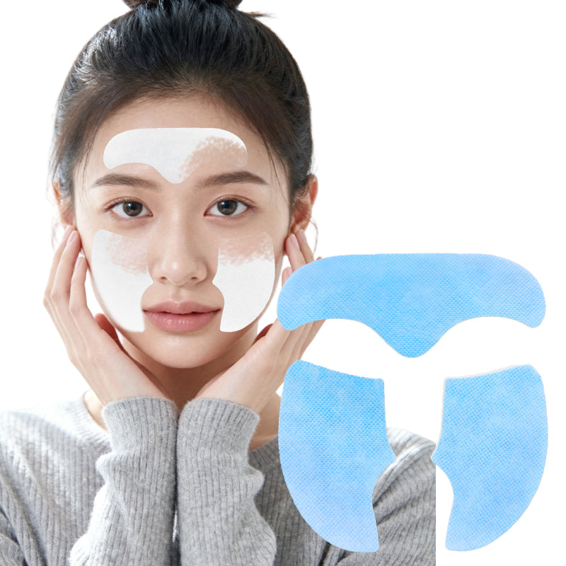 Model wearing FKY water-soluble nano collagen patch on forehead and cheeks with blue mesh patch shown beside