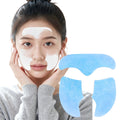 Model wearing FKY water-soluble nano collagen patch on forehead and cheeks with blue mesh patch shown beside