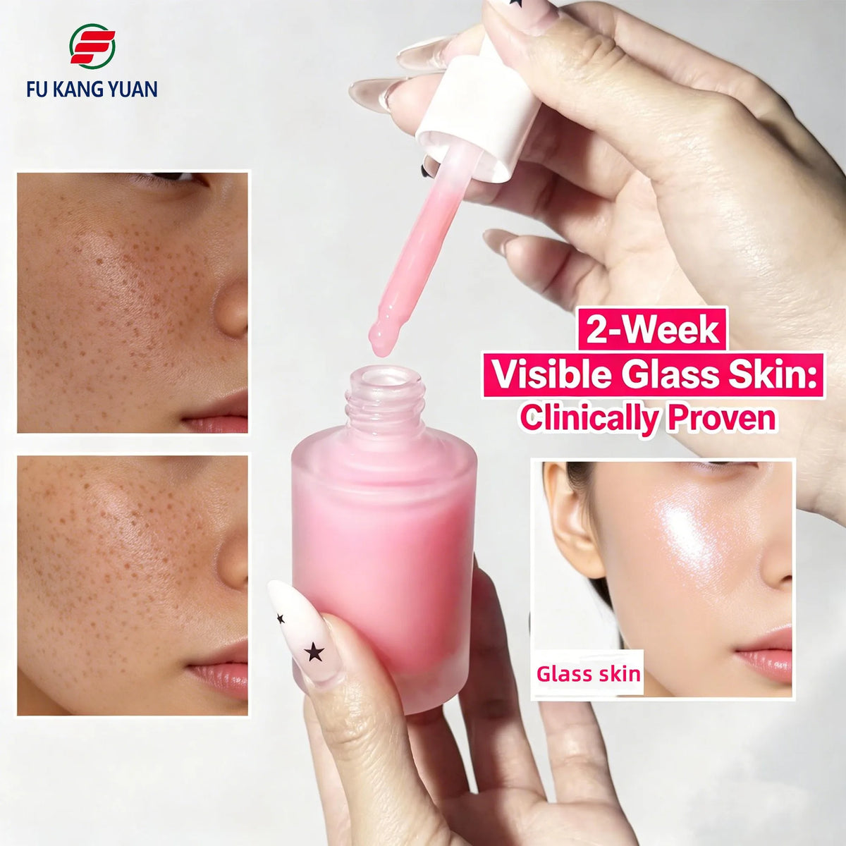 FKY PDRN serum claim card: 2-week visible glass skin, clinically proven, with before and after photos