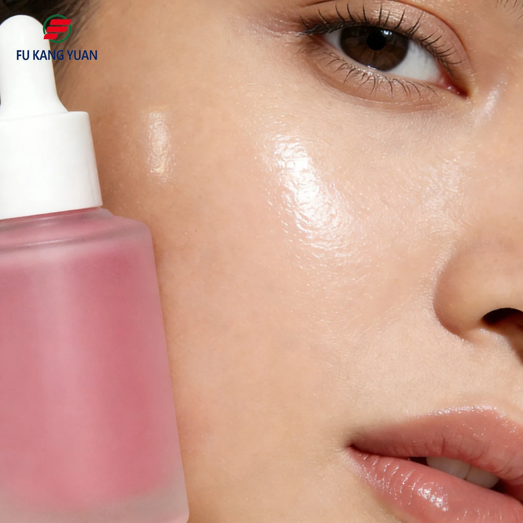 Glowing skin close-up next to FKY pink PDRN serum bottle