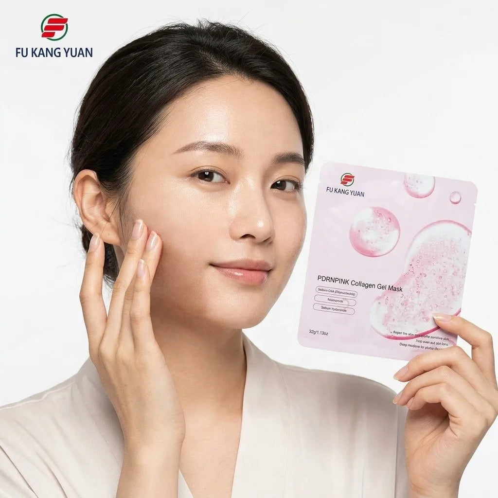 Model holding FKY PDRN pink collagen gel mask pouch, 32g