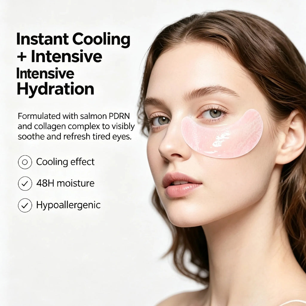 FKY cooling pink PDRN hydrogel eye patch worn on the eye, 48H moisture, hypoallergenic