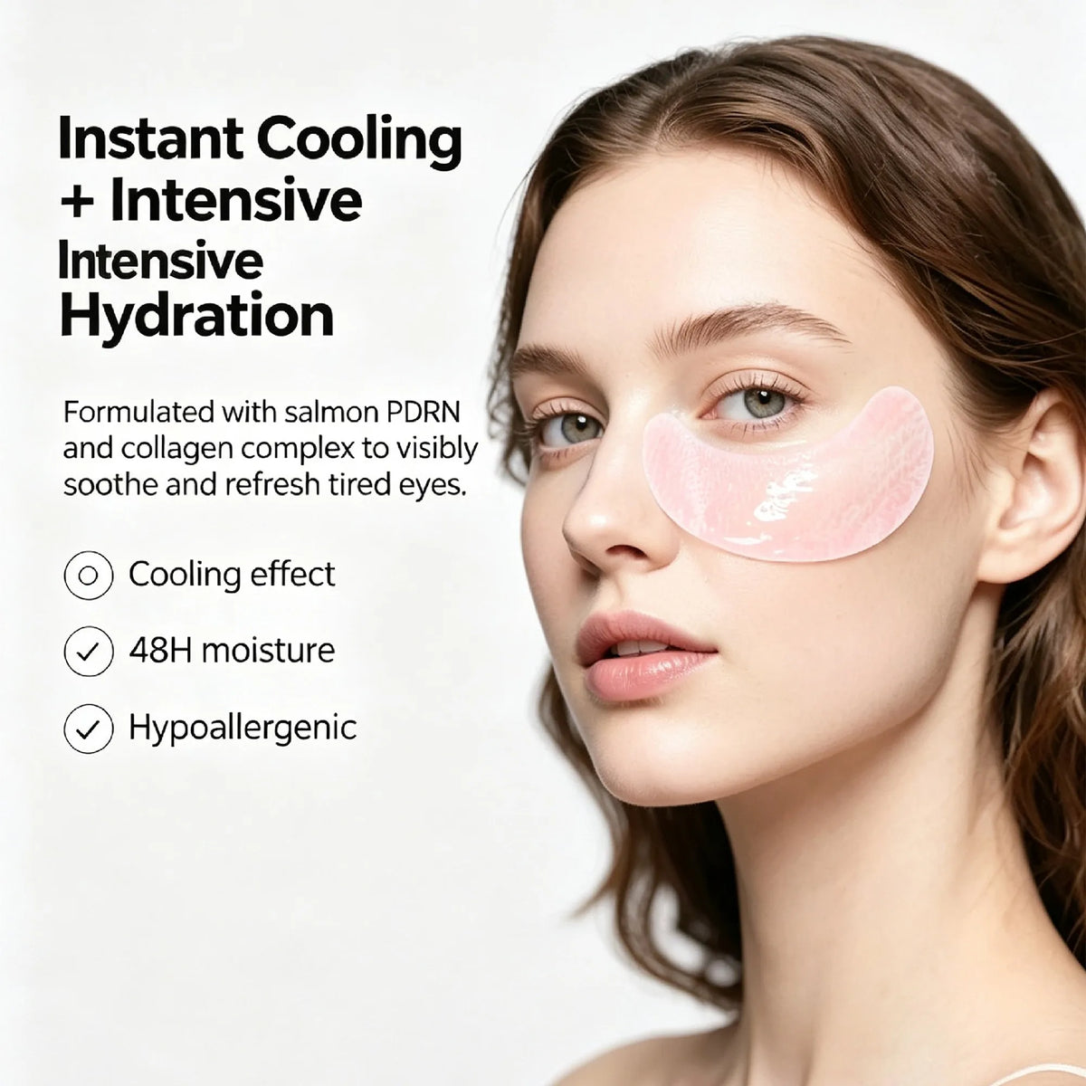 FKY cooling pink PDRN hydrogel eye patch worn on the eye, 48H moisture, hypoallergenic