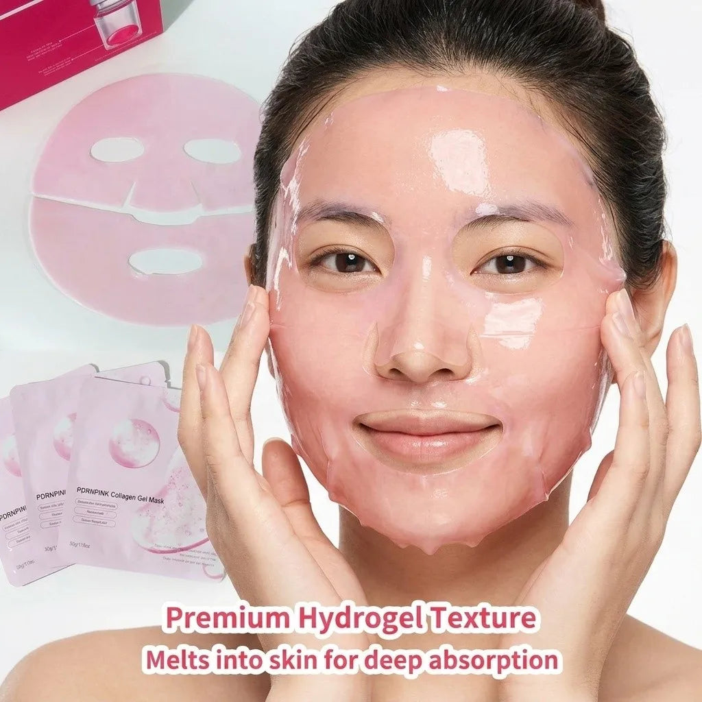 Model wearing FKY two-piece pink hydrogel face mask with snug fit